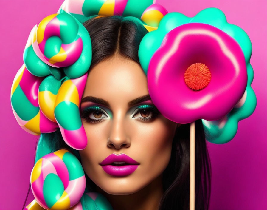 Colorful swirl lollipops frame woman with bold makeup on pink backdrop