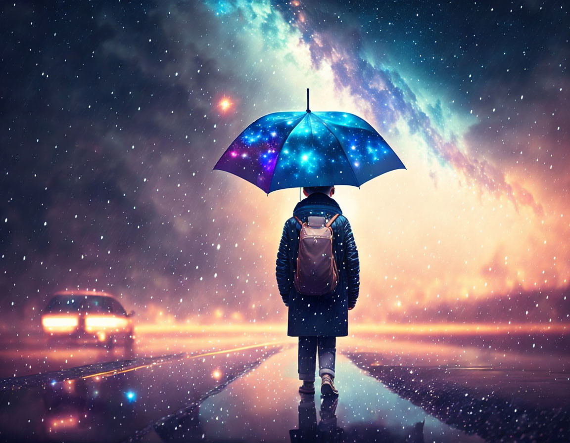 Person standing on wet road at night with galaxy-print umbrella and cosmic sky above