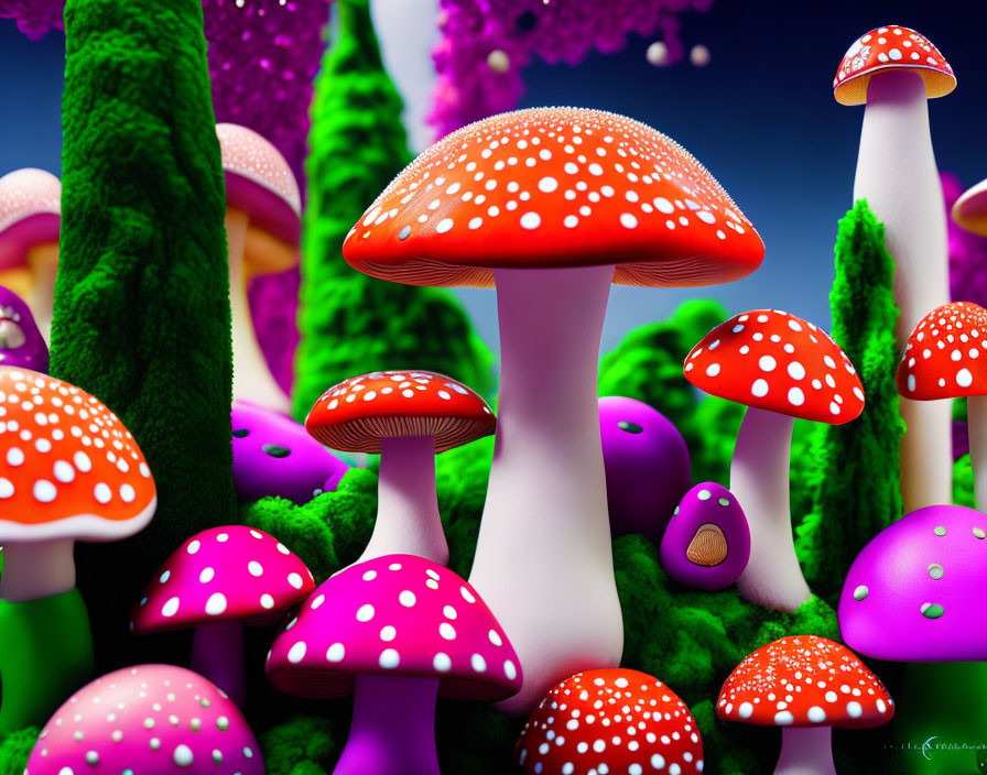 Colorful whimsical mushrooms in fantasy forest scene