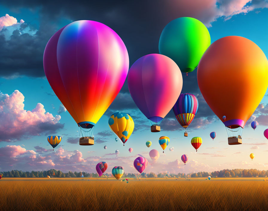 colorful balloons in the sky with rain clouds