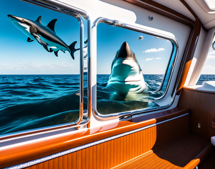 shark next to a yacht in the ocean