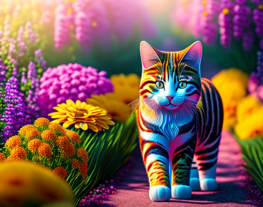 Vivid striped cat in colorful garden with purple and yellow flowers
