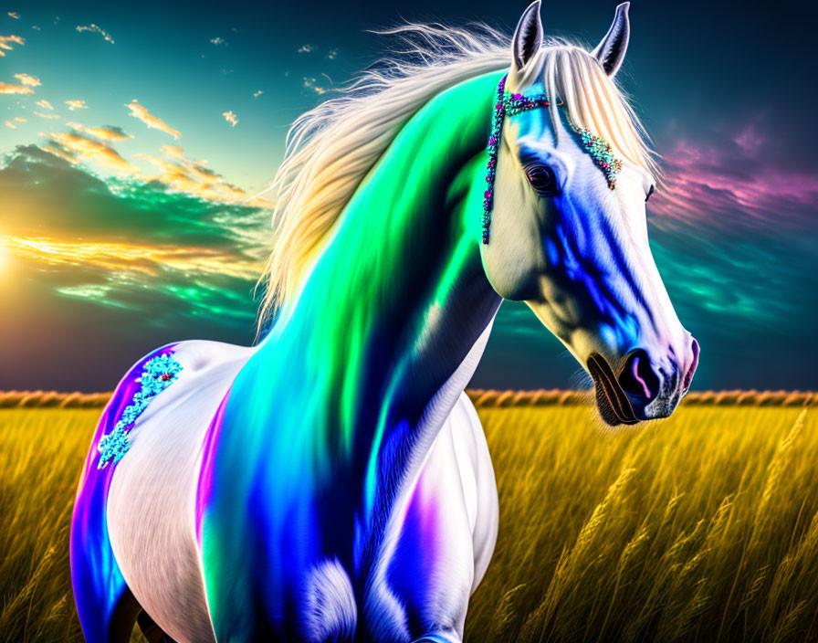 Colorful Digital Artwork: Horse with Neon Mane and Sunset Background