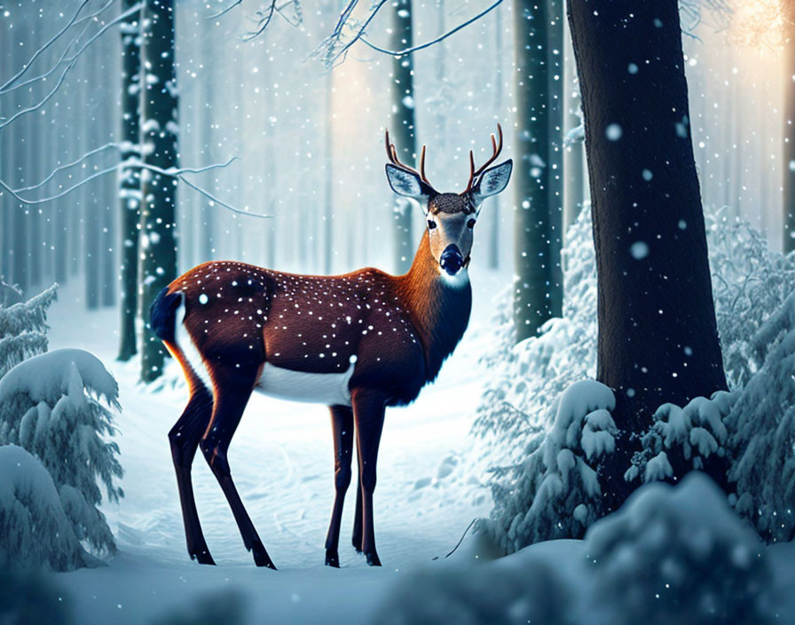 Majestic deer in snowy forest with falling snowflakes