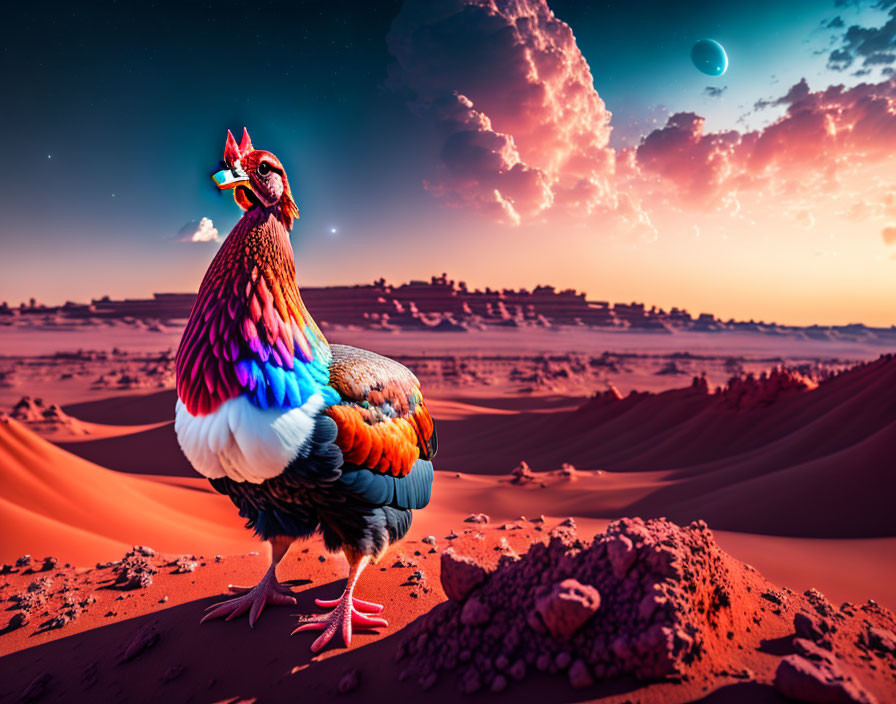 Colorful Rooster on Desert Dune with Dramatic Sky