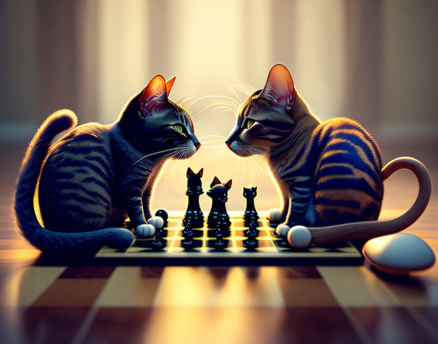 Cats playing chess in a warm, backlit room