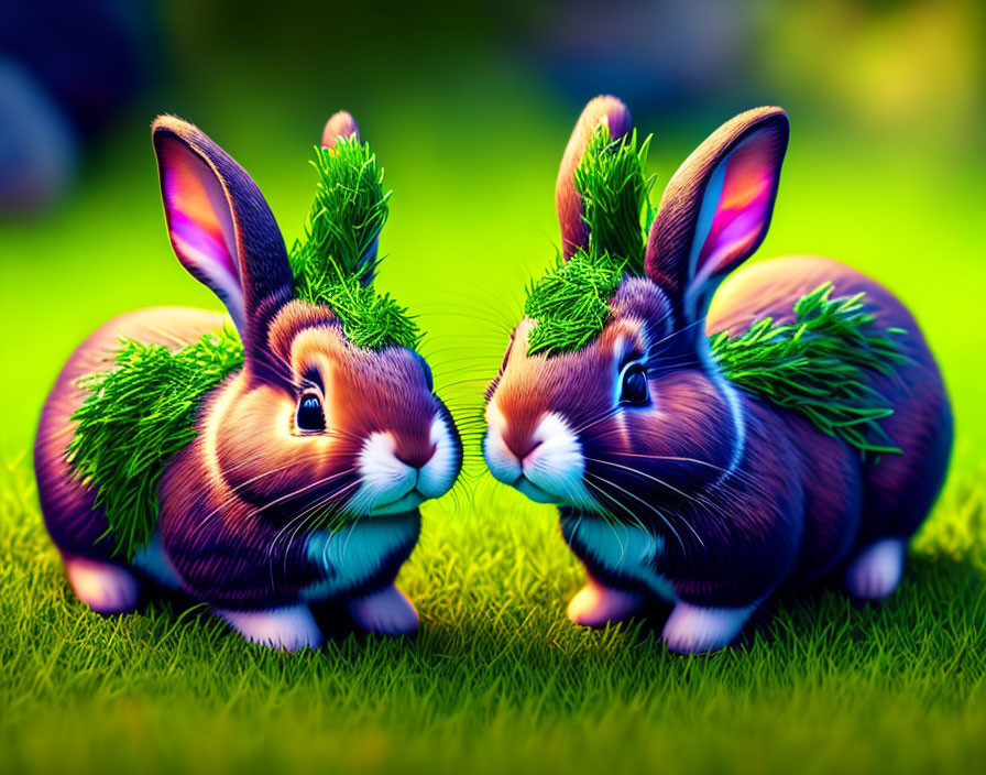 2 little bunnies in a yard with green grass