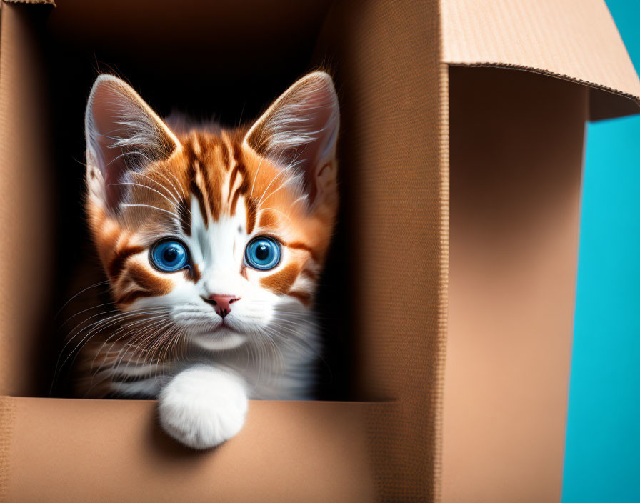 A playful kitten peeking out of a cardboard box