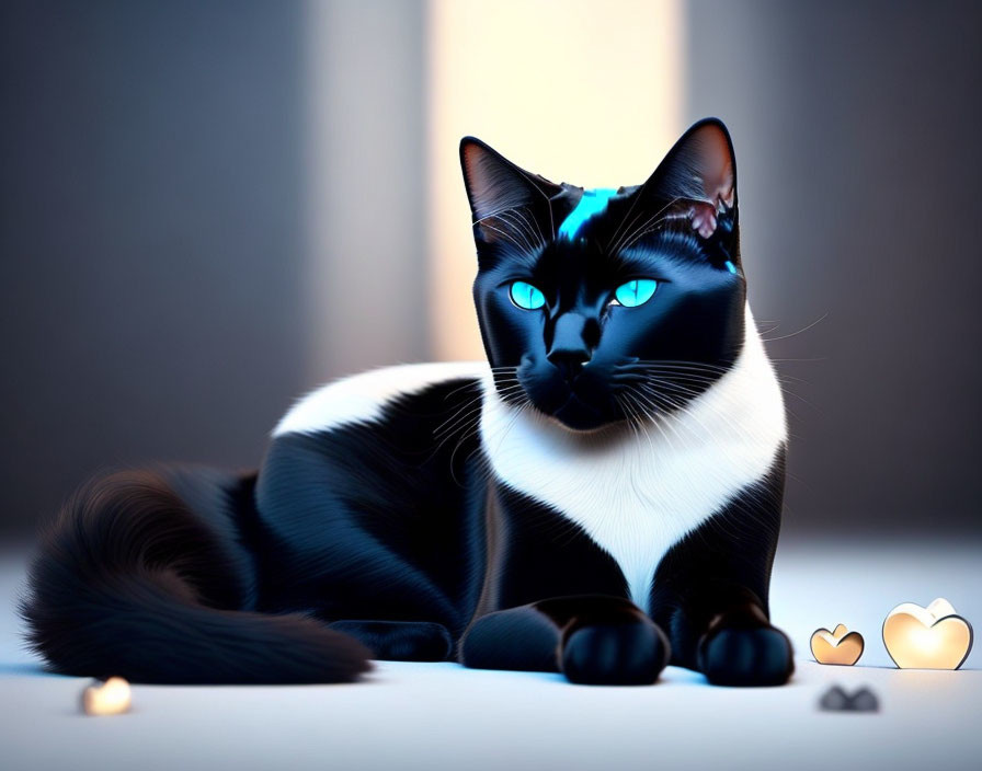 Black and White Cat with Blue Eyes Surrounded by Glowing Hearts in Dimly Lit Scene