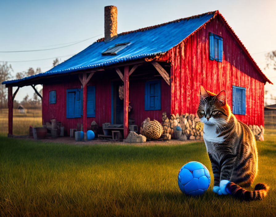Domestic Cat with Soccer Ball and Rustic House in Sunny Background