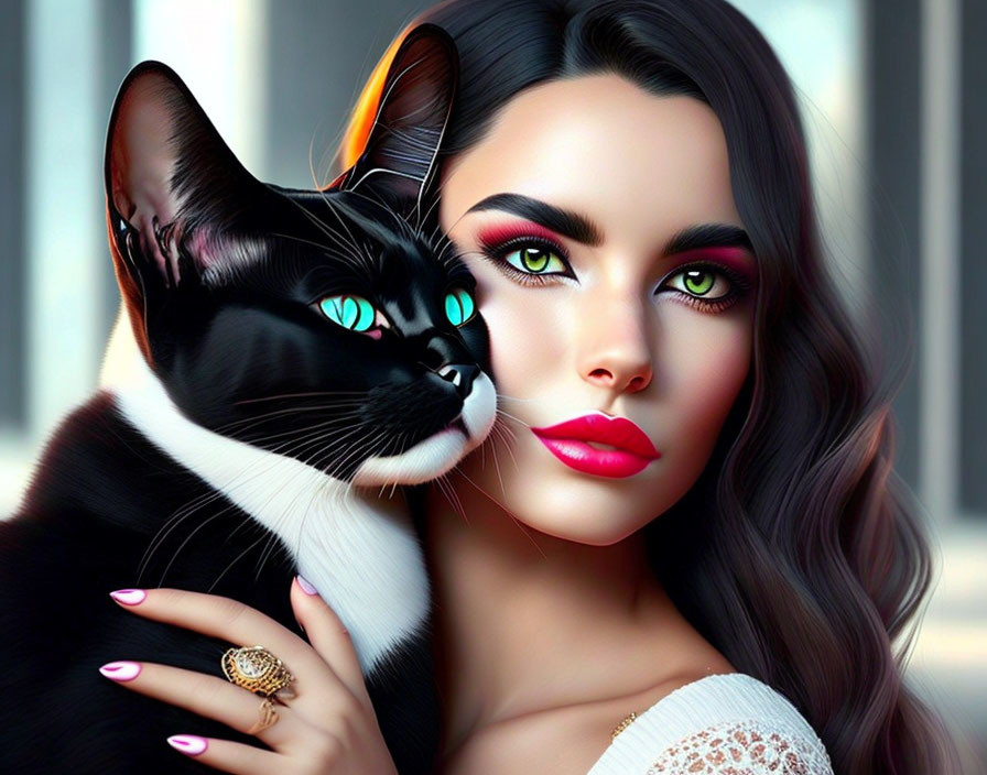 Digital Artwork: Woman with Green Eyes and Cat Twin