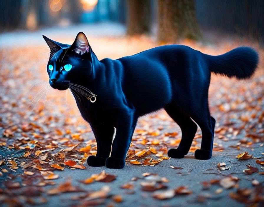 Black Cat with Blue Eyes and Bell Collar in Autumn Setting
