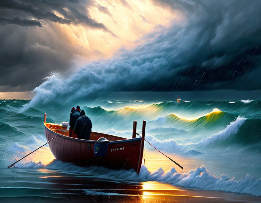 Person in Boat Confronting Large Waves Under Stormy Sky