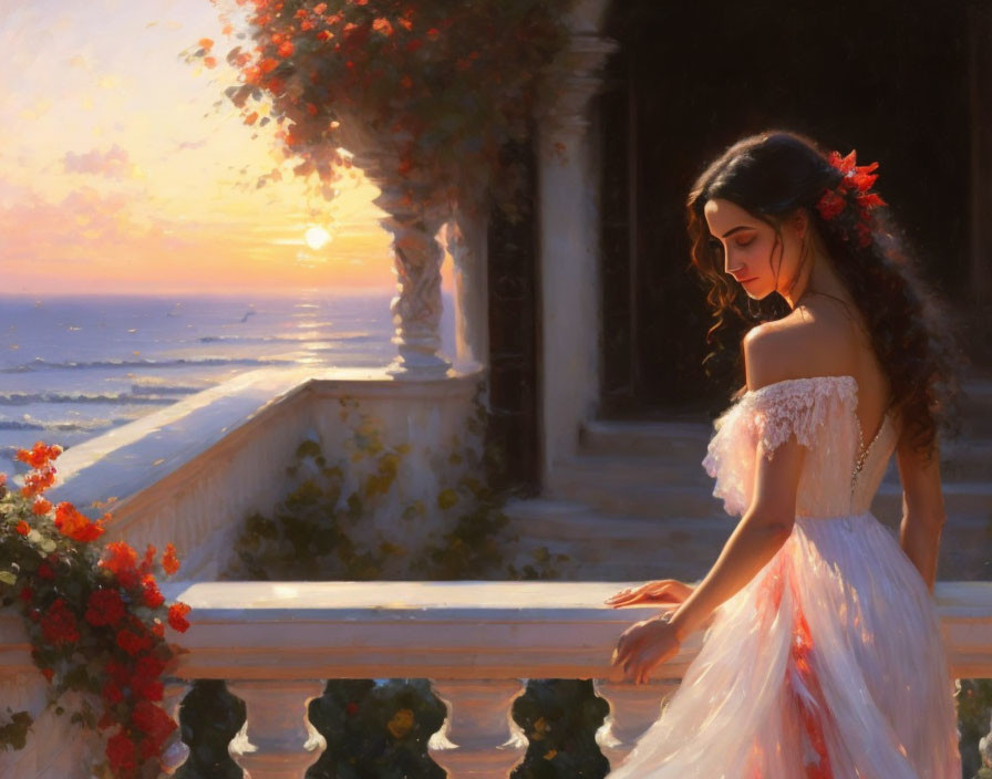 Woman in elegant dress on balcony admiring sunset over sea