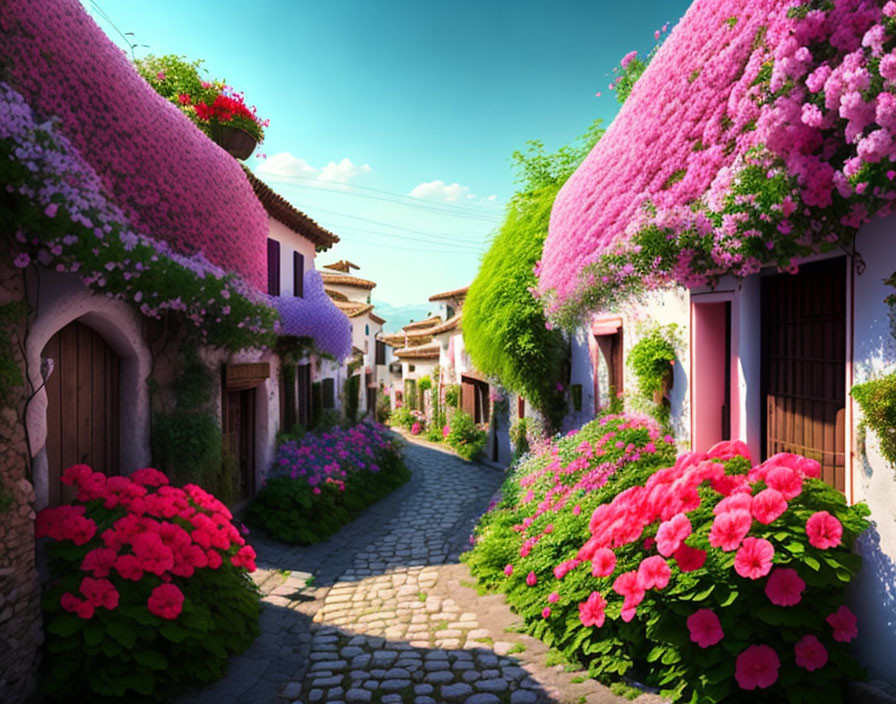 Picturesque street with pink flowering vines and blue sky