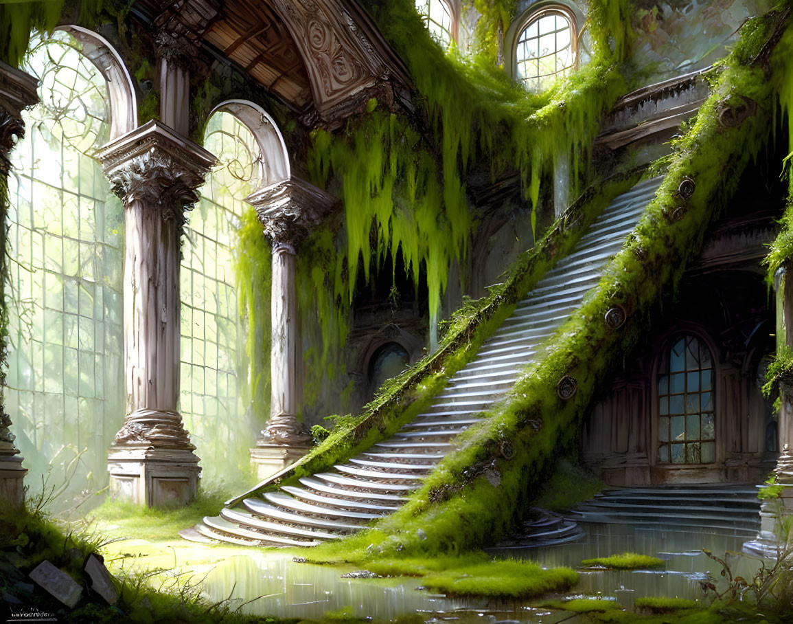 Decaying abandoned building with grand staircases and overgrown moss.