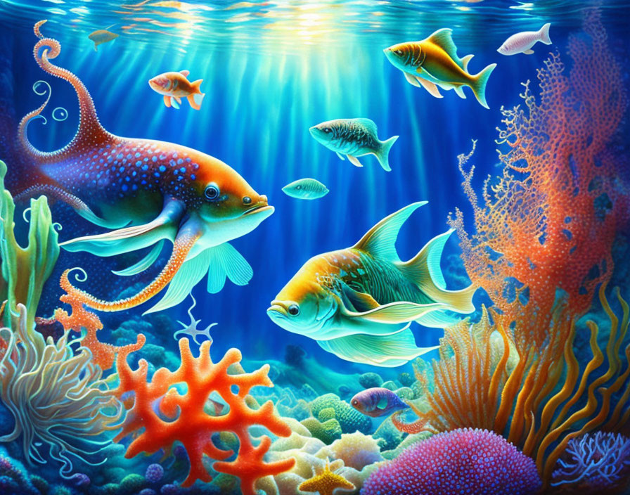 Colorful underwater marine life with fish, octopus, coral reefs, and sunlight.
