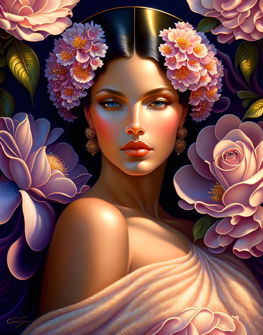 Stylized portrait of woman with flowers in hair and pink blossoms on dark background
