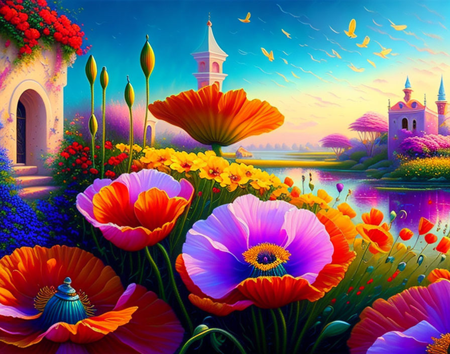 Colorful poppies, blue river, and whimsical castles in fantasy landscape