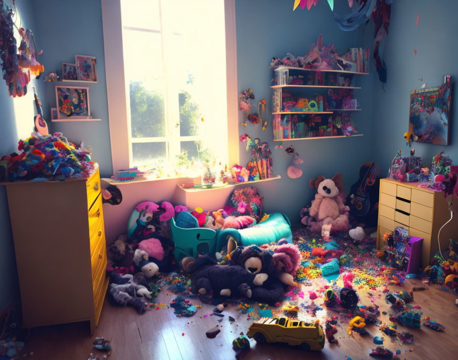 messy little girl bedroom with broken toys
