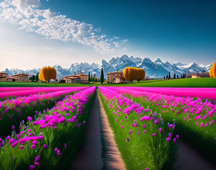 Pink flower rows, houses, snowy mountains in vibrant landscape