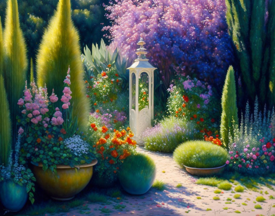 Colorful garden path with flowers, shrubs, and lantern in sunlight