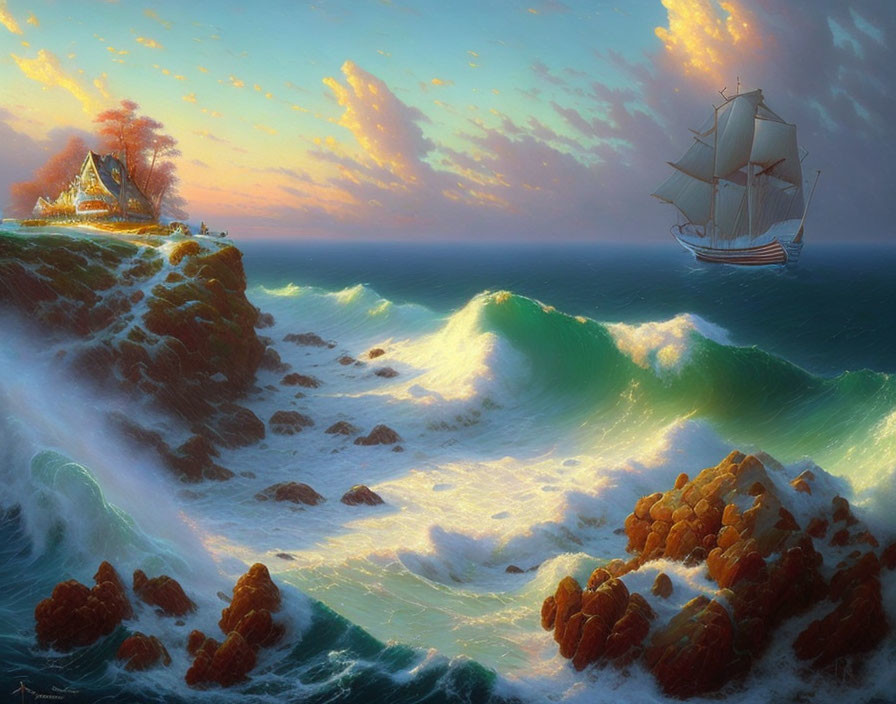 Tranquil sunset seascape with waves, cliff house, and sailing ship