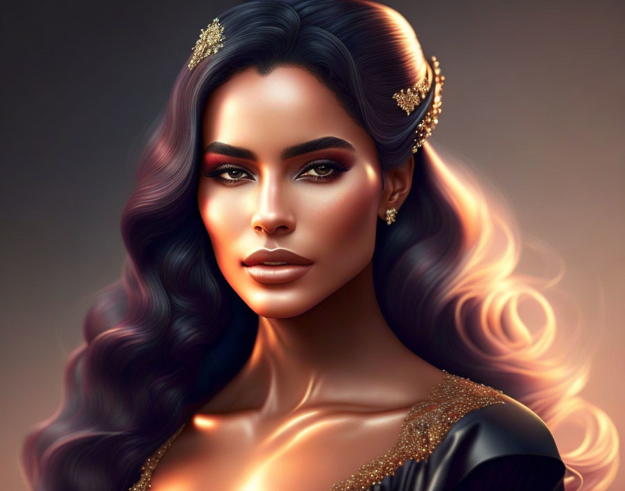 Digital portrait of a woman with wavy hair, striking eyes, glamorous makeup, and gold jewelry.