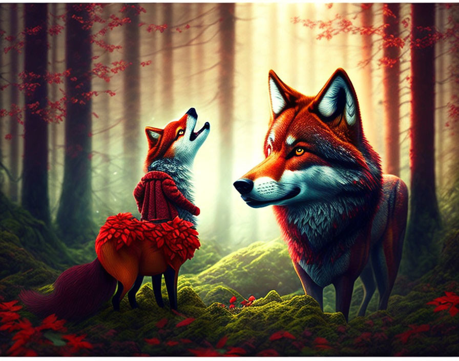 Illustrated foxes in enchanted forest with red foliage