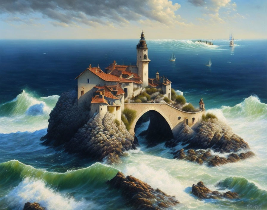 Seascape with lighthouse, bridge, and gravity-defying villa