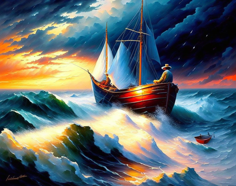Sailor on sailboat in stormy seas at sunset