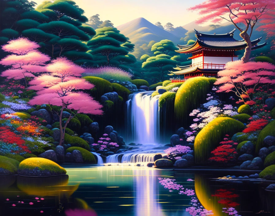 Japanese garden with flowers, waterfall, and house