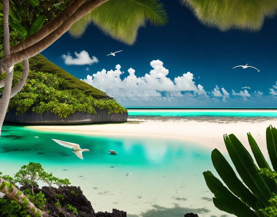 Idyllic Tropical Beach Scene with Palm Trees and Birds