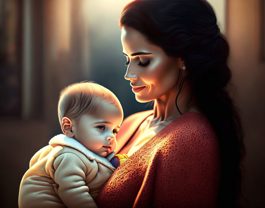 Mother cradling baby in warm sunlight with serene expressions