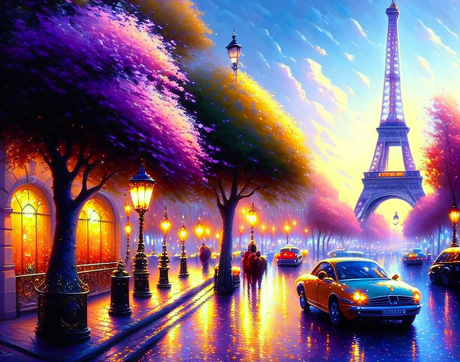 Colorful Paris Street Painting at Twilight with Eiffel Tower & Vintage Cars