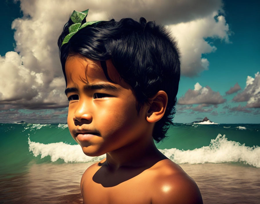 Child with contemplative look at beach with waves and clouds.
