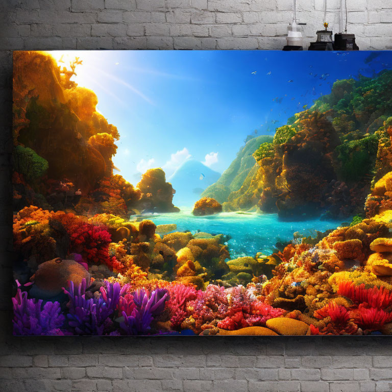 Colorful Underwater Seascape Canvas on Brick Wall