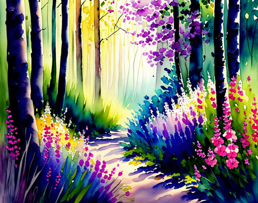 path in the woods in spring with colorful plants a