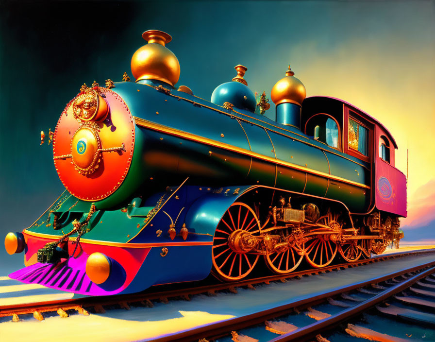 Vintage steam locomotive with ornate, fantastical features on railway track at sunset