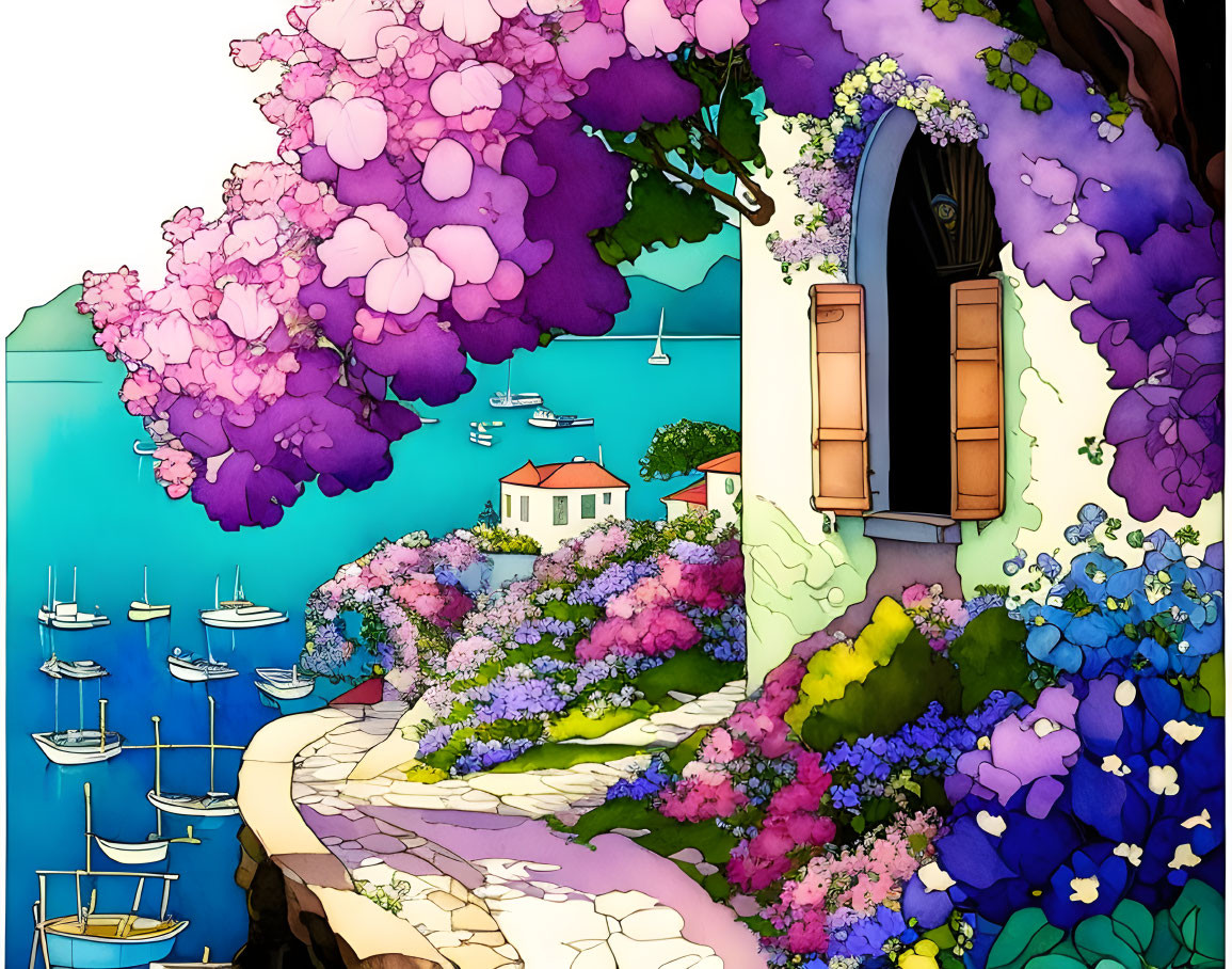 Madeira flower island village line art in the styl
