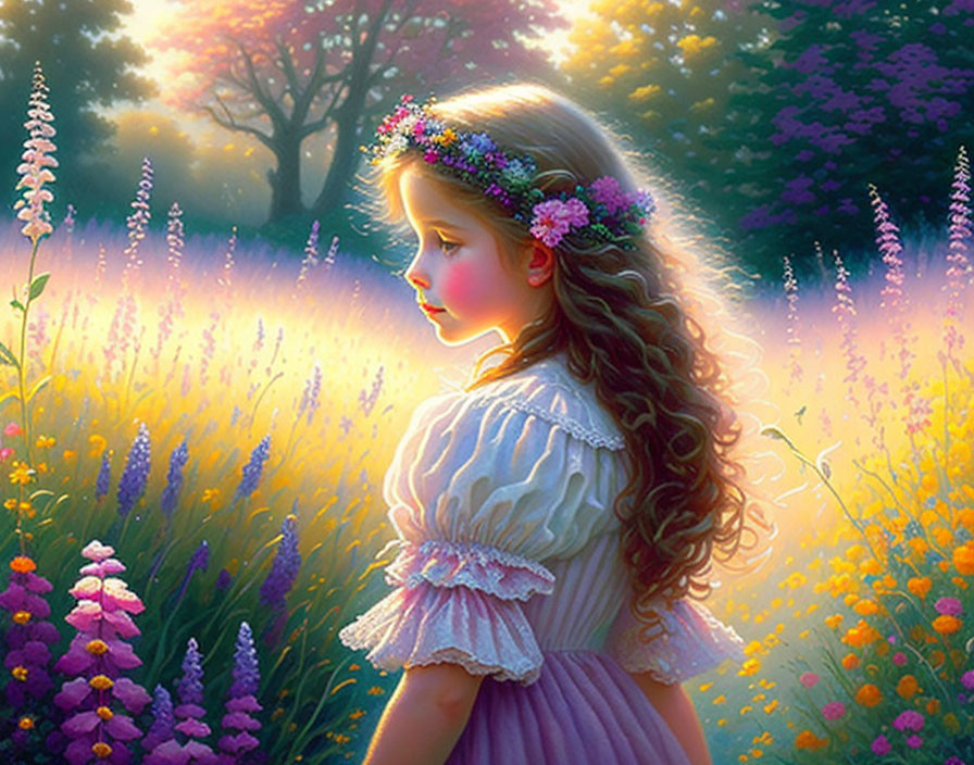 Young girl in pink dress and floral crown in sunlit field of purple flowers