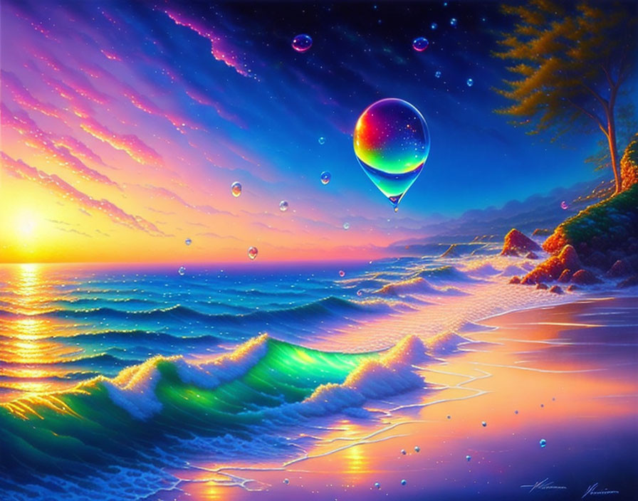 Colorful surreal seascape with starry sky and glowing horizon