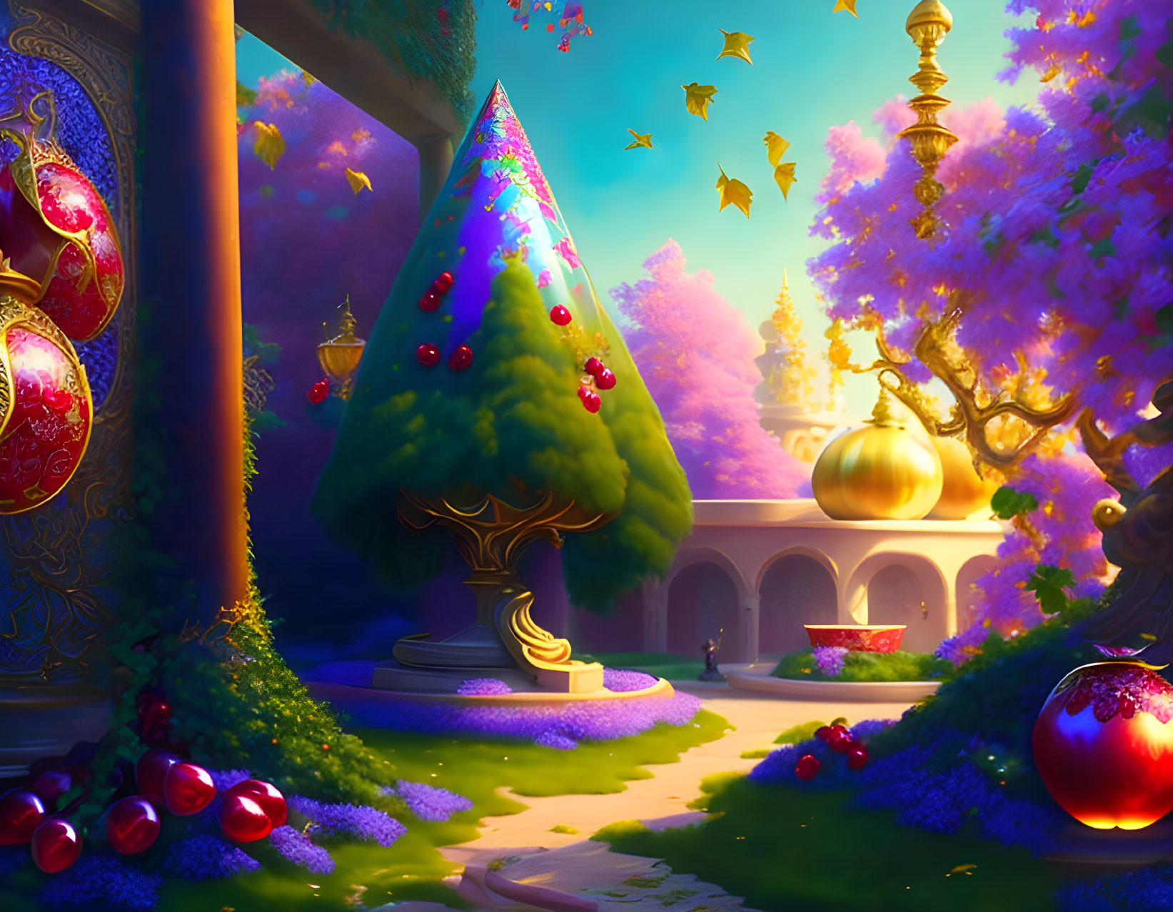 Fantasy garden with jeweled tree, cherry blossoms, palace, and floating ornaments