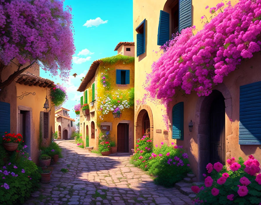 Charming cobblestone street with colorful houses and pink flowers