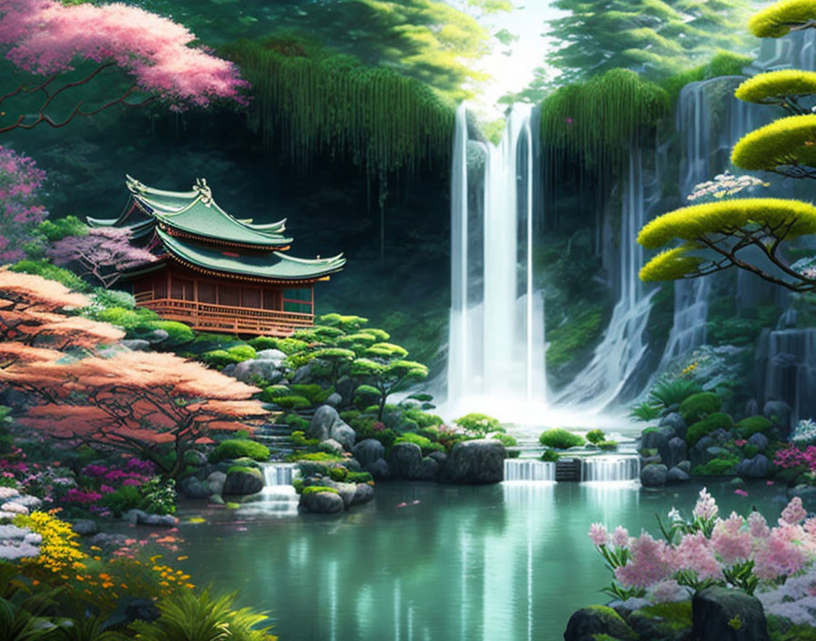 Japanese garden with flowers, waterfall, and house