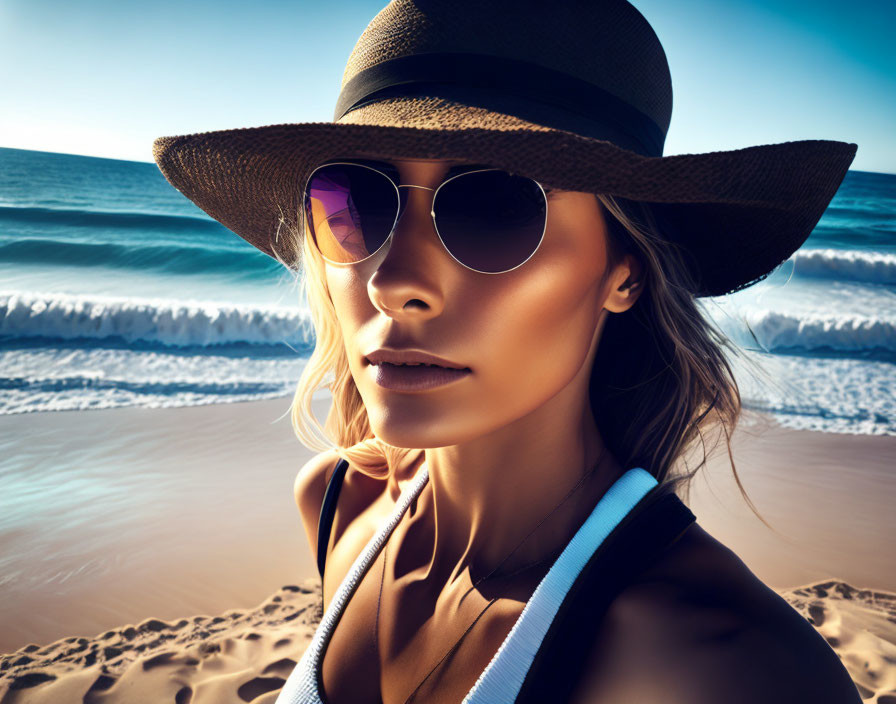 Woman in Sunhat and Sunglasses on Sunny Beach with Blue Waves