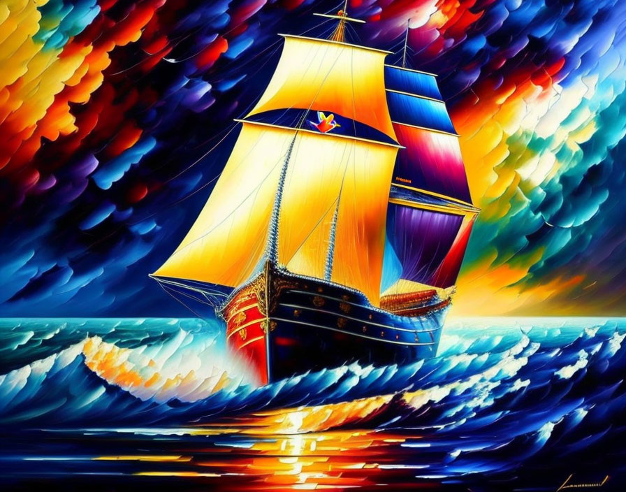 Colorful sailing ship painting on dynamic ocean under multicolored sky