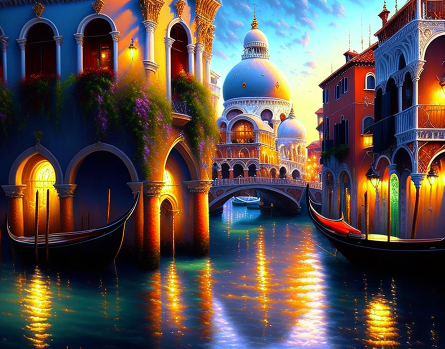 Vibrant digital artwork: Venice canal at night with reflective water, gondolas, and illuminated