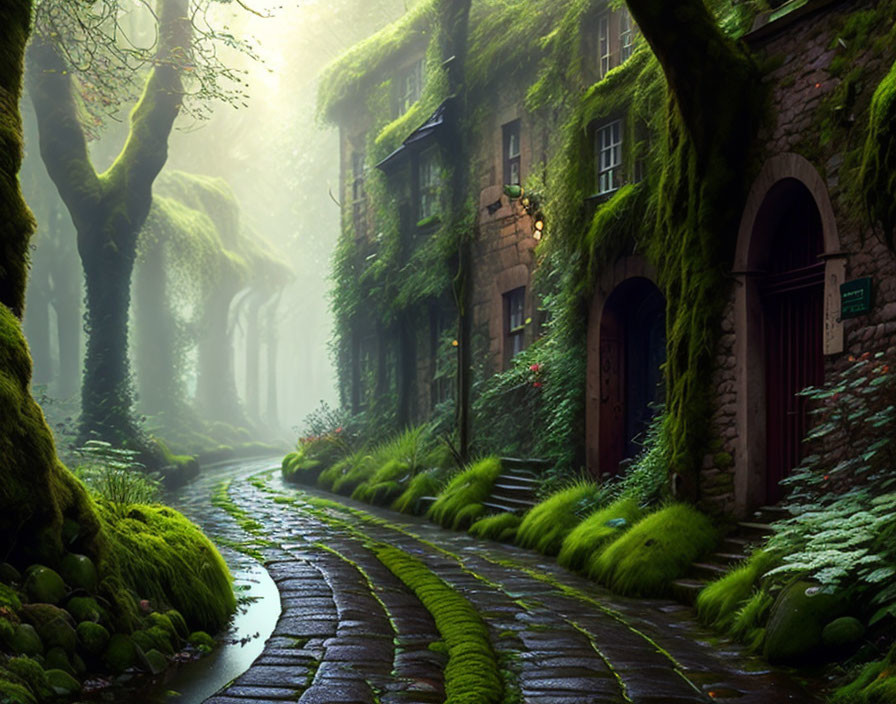 A rain-soaked cobbled street, overgrown with moss,