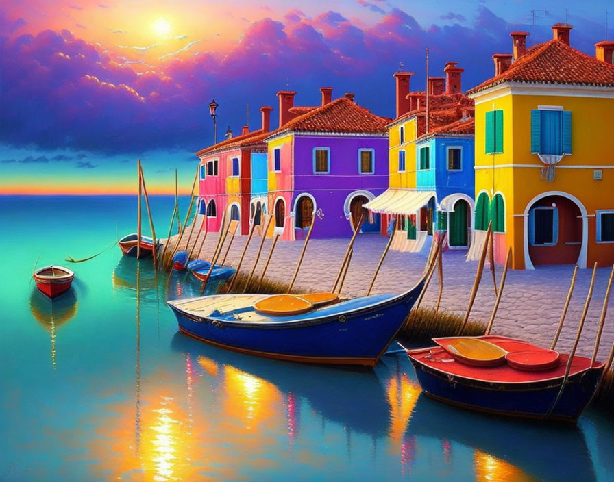 Colorful Waterside Houses at Sunset with Boats and Dramatic Sky